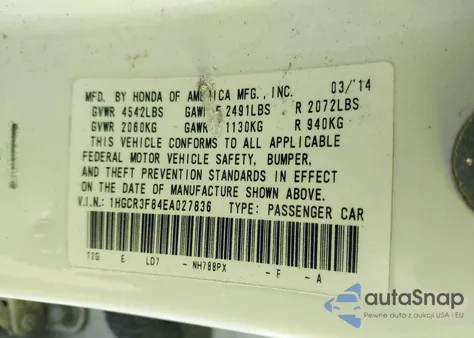 2014 Honda Accord Ex-L V-6 z USA, uszkodzony, nr VIN 1HGCR3F84EA027836